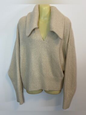 Express Beige Wool Blend V-Neck Oversize Collared Sweater